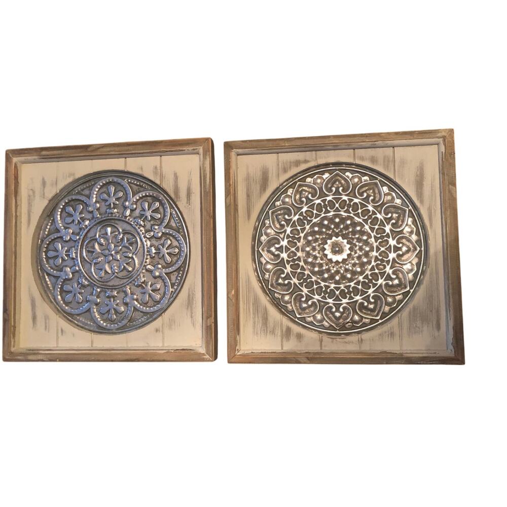 2 Wall art farmhouse country metal wood panels embossed weathered look